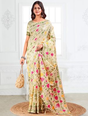 Cream Linen Cotton Jacquard Woven Saree