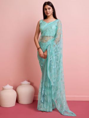 Cyan Soft Net Party Wear Saree With Sequins