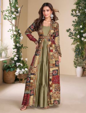 dark beige georgette fusion gown with shrug and belt fabgo20396