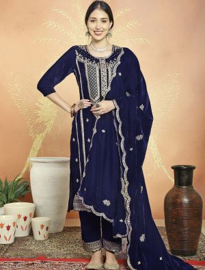 Dark Blue Premium Velvet Salwar Suit With Traditional Cording small FABSL21723