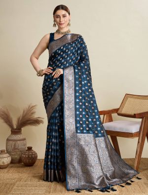 Dark Blue Satin Silk Saree With Woven Zari