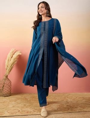 Dark Blue Silk Blend Embroidered Readymade Salwar Kameez FABSL21947