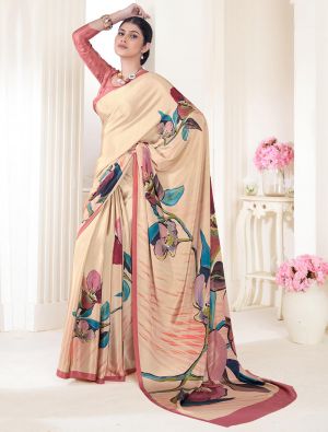 Dark Cream Crepe Silk Saree With Digital Print