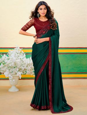 Dark Green Fancy Georgette Embroidered Saree With Zari Weaves