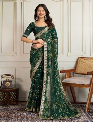 Dark Green Georgette Bandhani Print Saree With Zari And Sequin