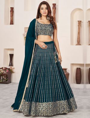 Dark Green Georgette Lehenga Choli with Zari And Sequins small FABLE20418