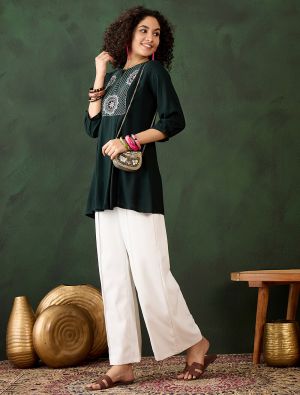 dark green rayon embroidered top fabku21021