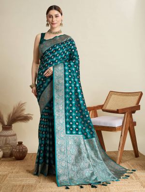 Dark Green Satin Silk Saree With Woven Zari