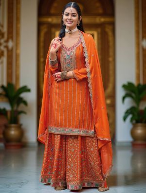 Dark Orange Chinon Ready To Wear Palazzo Suit FABSL22292