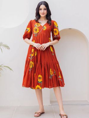 dark orange kota checks digital printed frock swatch fabku21151