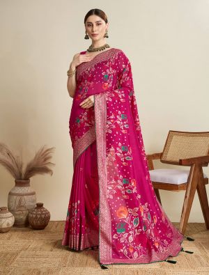Dark Pink Cotton Saree With Table Print