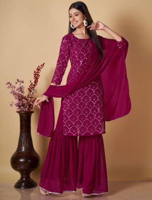 Dark Pink Georgette Readymade Sharara Suit With Mirror Work FABSL21741