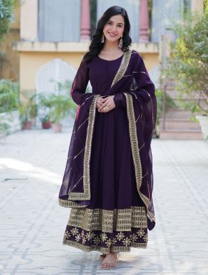 dark purple georgette anarkali gown with dupatta fabgo20356