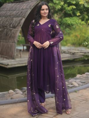 Dark Purple Georgette Embroidered Readymade Palazzo Suit FABSL21746