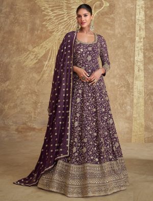 Dark Purple Georgette Pre Stitched Anarkali Suit In 42 Size small FABSL22046