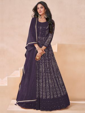 Dark Purple Georgette Semi Stitched Anarkali Suit small FABSL21962