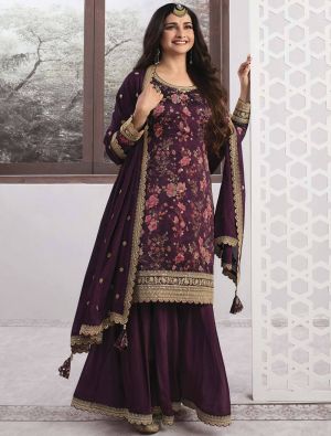 Dark Purple Georgette Semi Stitched Designer Sharara Suit small FABSL21689