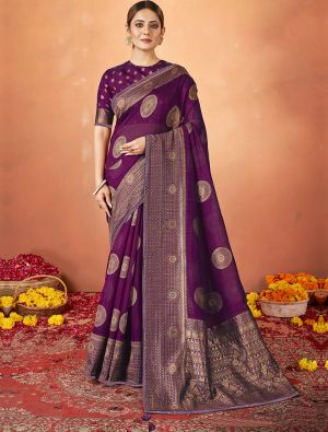 Dark Purple Kanjivaram Silk Festive Wear Woven Saree