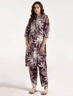 dark purple rayon printed co ord set swatch fabku21121