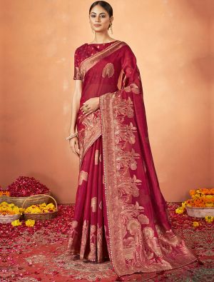Dark Red Kanjivaram Silk Festive Wear Woven Saree