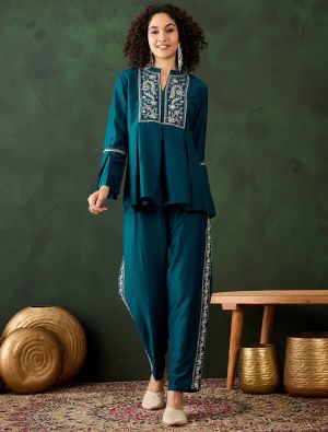 dark teal chinon embroidered co ord set fabku20991