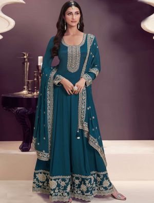 Dark Teal Chinon Semi Stitched Anarkali Suit small FABSL22234