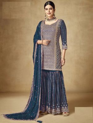 Dark Teal Chinon Semi Stitched Sharara Suit small FABSL21772