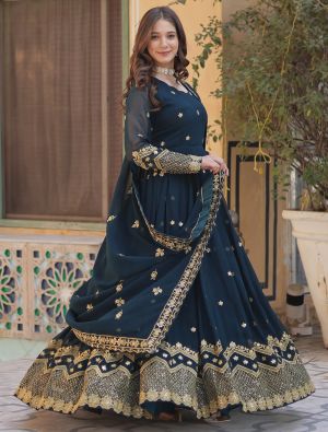 dark teal georgette elegant anarkali gown with dupatta fabgo20342