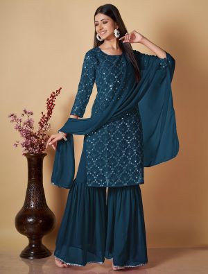 Dark Teal Georgette Readymade Sharara Suit With Mirror Work FABSL21740