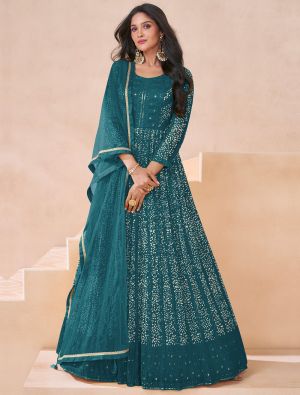 Dark Teal Georgette Semi Stitched Anarkali Suit small FABSL21963