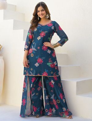 Dark Teal Imported Georgette Ready To Wear Palazzo Suit swatch FABSL22184