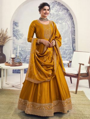 Dark Yellow Silk Georgette Semi Stitched Anarkali Suit small FABSL21819
