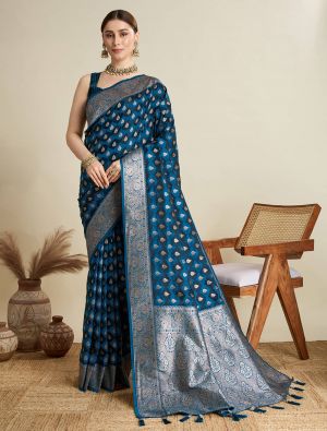 Deep Blue Satin Silk Saree With Woven Zari