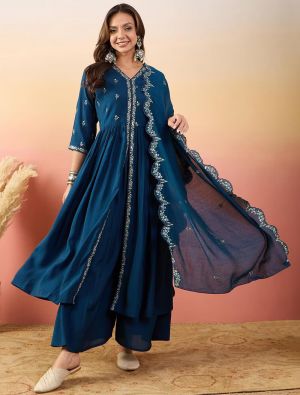 Deep Blue Silk Blend Embroidered Readymade Salwar Kameez FABSL21955