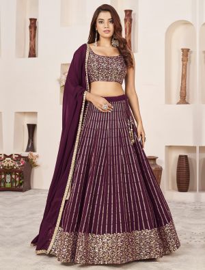 Deep Maroon Georgette Lehenga Choli with Zari And Sequins small FABLE20419