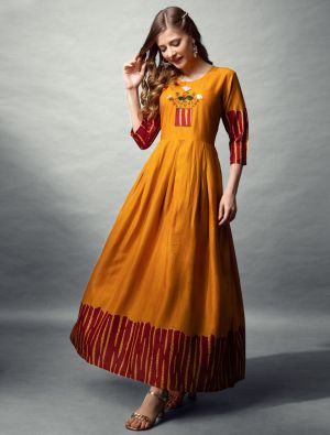 deep mustard rayon printed anarkali kurta fabku21049