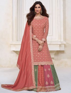 Deep Orange Chinon Semi Stitched Embroidered Lehenga Suit small FABSL21751