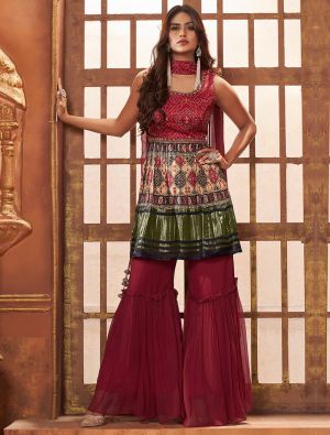 Deep Red Gaji Silk Readymade Top With Sharara FABSL21758