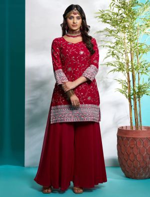 Deep Red Georgette Ready To Wear Palazzo Suit FABSL22102