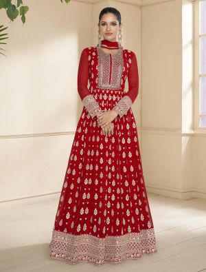 Deep Red Georgette Semi Stitched Designer Anarkali Suit FABSL21844