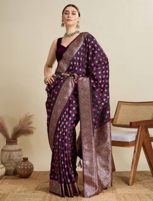 Deep Wine Satin Silk Saree With Woven Zari