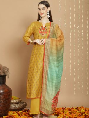 Deep Yellow Chanderi Silk Semi Stitched Salwar Suit small FABSL21733
