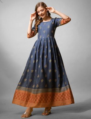 denim blue rayon printed anarkali kurta fabku21048