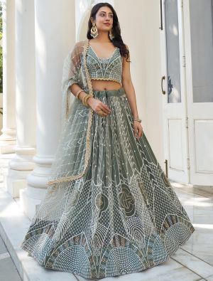 Dusty Green Butterfly Net Embroidered Lehenga Choli FABLE20396