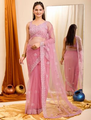 Dusty Pink Net Party Wear Saree With Sequins