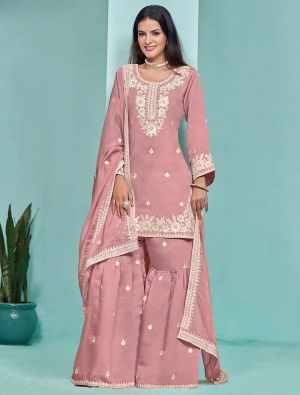 Dusty Pink Roman Silk Semi Stitched Sharara Suit small FABSL21980