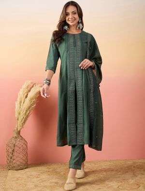 Fern Green Silk Blend Embroidered Readymade Salwar Kameez FABSL21949