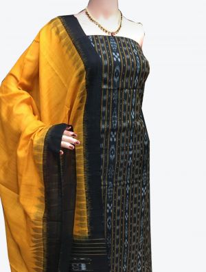 Black Handwoven Sambalpuri Cotton Unstitched Suit with Dupatta thumbnail FABSL20250