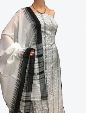 White Handwoven Sambalpuri Cotton Unstitched Suit with Dupatta small FABSL20253