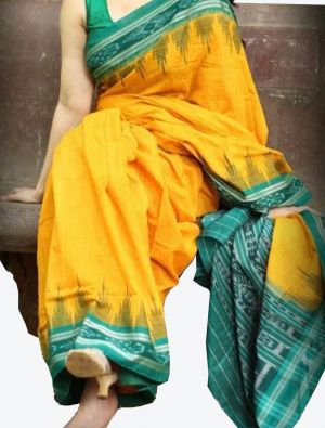 Dark Yellow Handwoven Sambalpuri Pure Cotton Designer Saree small FABSA21040